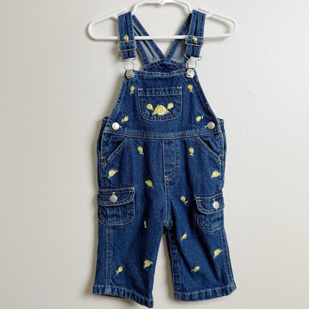 Vintage Baby Girl Denim Overalls 6-9M Floral Embroidered Roses Jean Romper